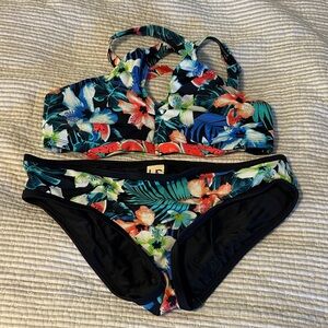 Floral Tropical Print Bikini Set - Black Base with Multicolor Flowers